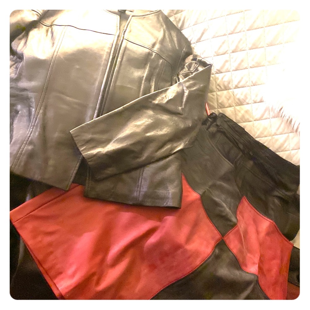 Real leather jacket and  color block PU skirt